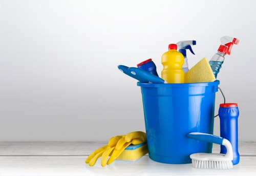 Domestic cleaner preparing a modern Knightsbridge kitchen and surfaces